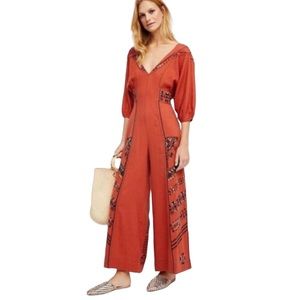FREE PEOPLE PEREGRINE SHORT SLEEVE V NECK EMBROIDERED JUMPSUIT SIZE 4